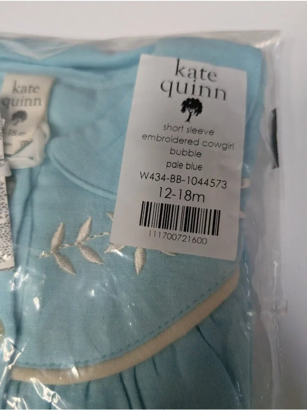 Kate Quinn Organic Cotton Gauze Embroidered Cowgirl Bubble Pale Blue 12-18